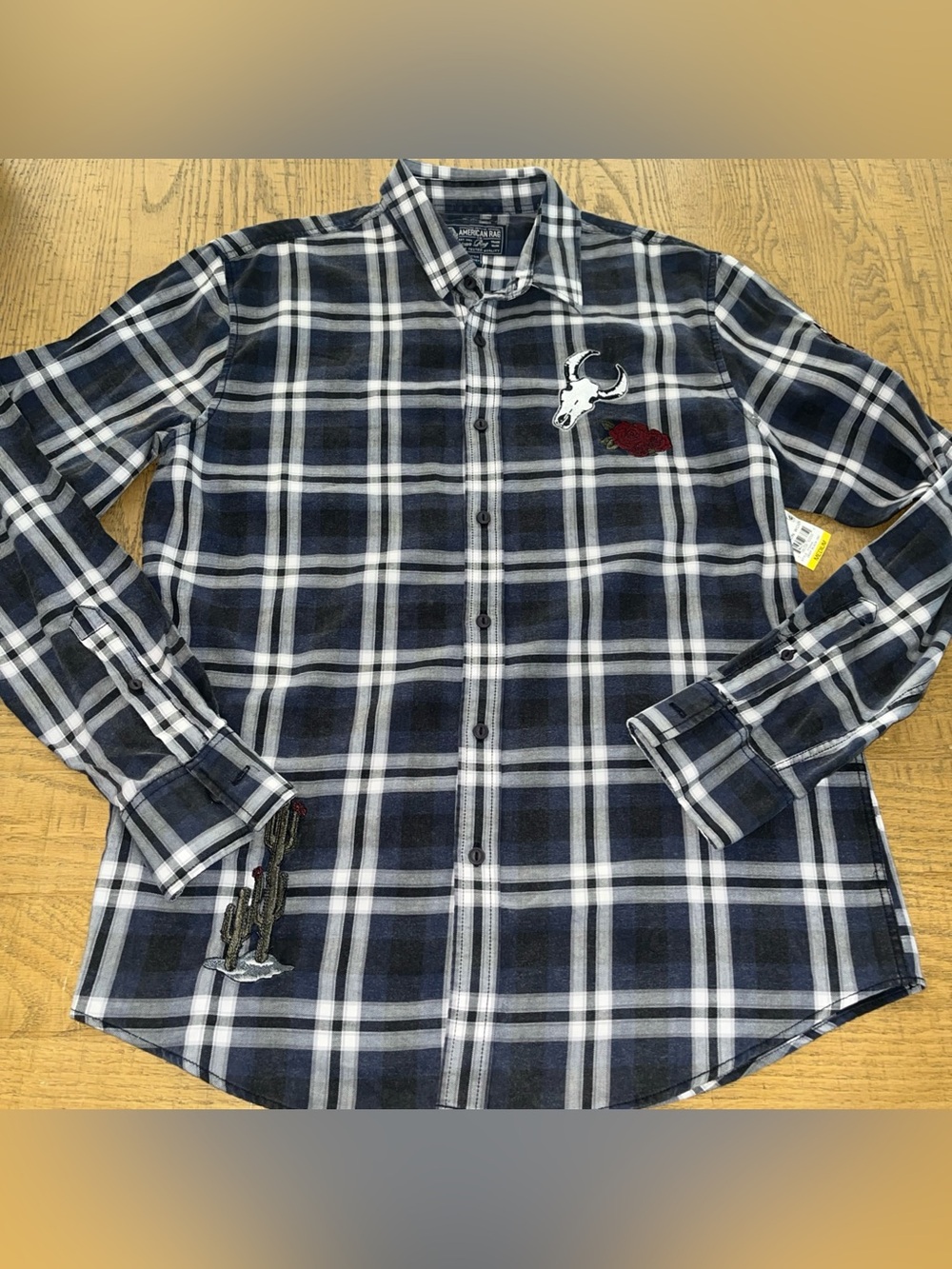American Rag Macy’s Men’s Gray White Plaid Cotton Button-Up Shirt Medium M